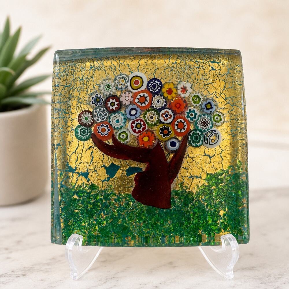 Murano Italy Millefiori Tree of Life Glass Paperweight Gold Foil Art Glass